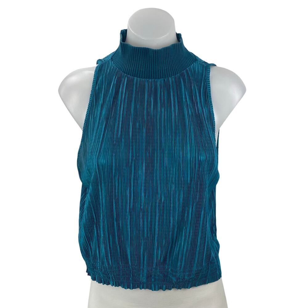 Zara Women's Blue Pleated Knit Plisse Turtleneck Sleeveless Blouse Top Size M